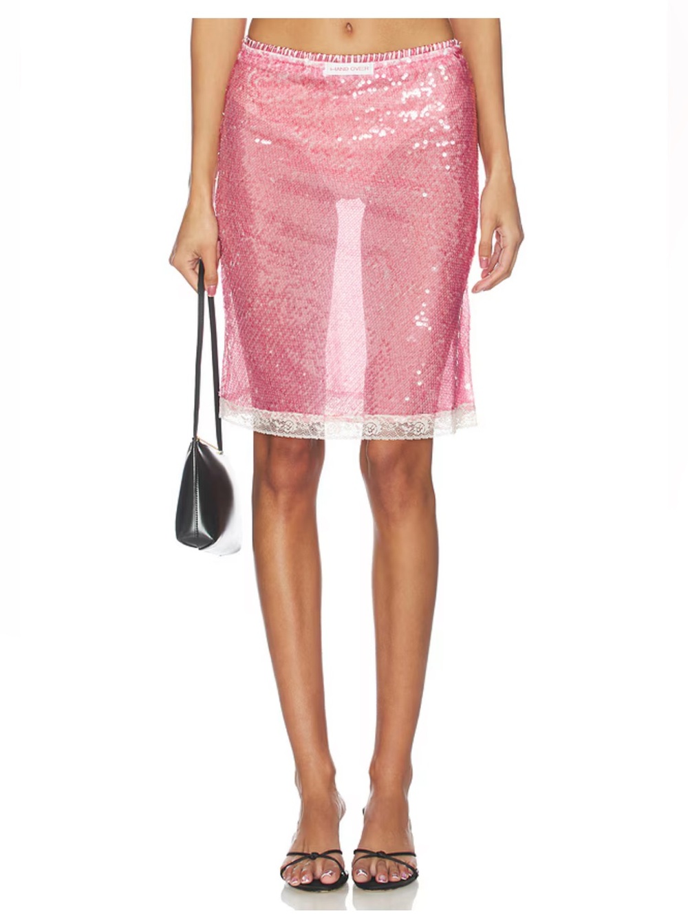 Camilo Skirt HAND OVER Pink Sequin Lace-Hem Pencil Skirt